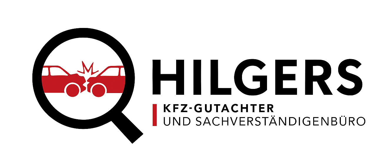 Logo von Hilgers, Kfz-Gutachter in Heinsberg und Sachverständigenbüro, mit Lupe und Autosymbol.
